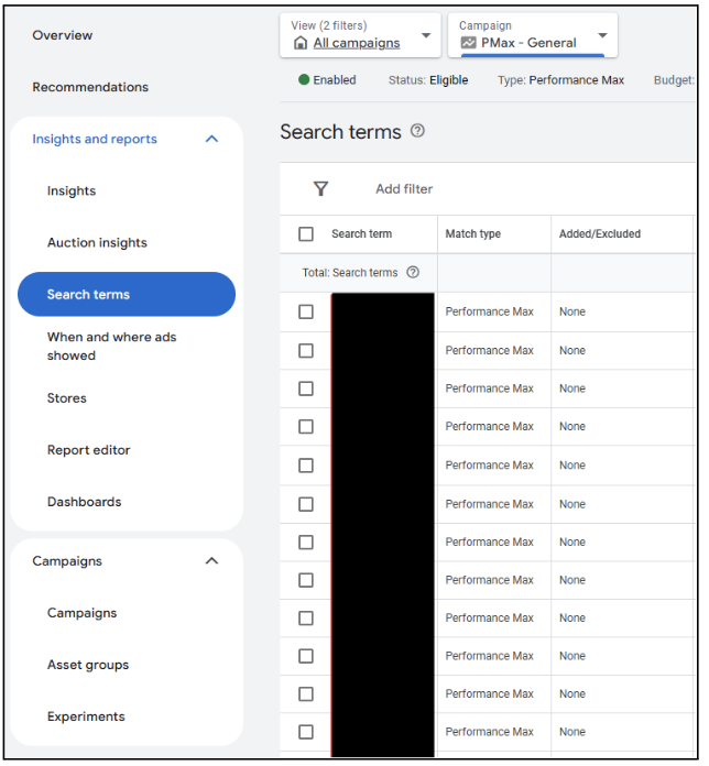 search term reports for google's pmax campaigns